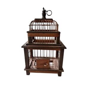 Vintage Decorative Wooden Birdcage - Antique Handcrafted Primitive Folk Art -